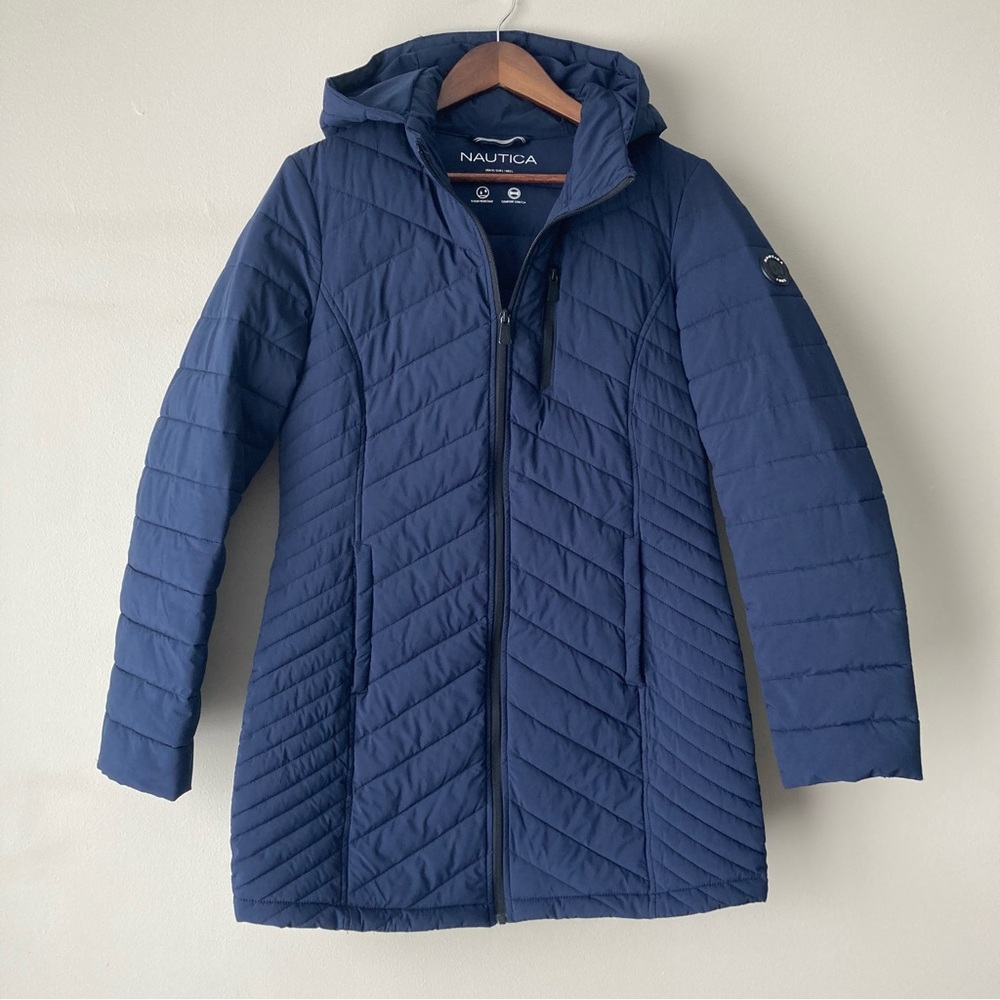 Nautica Womens Navy Blue Quilted‎ Puffer Jacket Hooded Size Medium